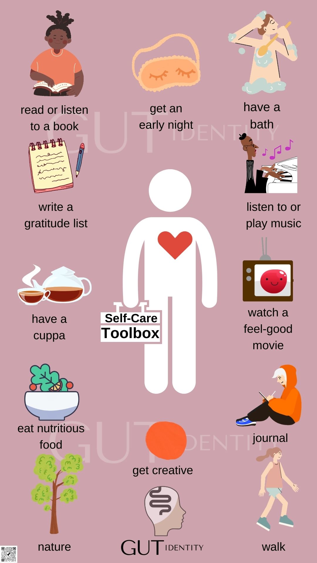 Ideas on how to create a self-care toolbox by Gutidentity