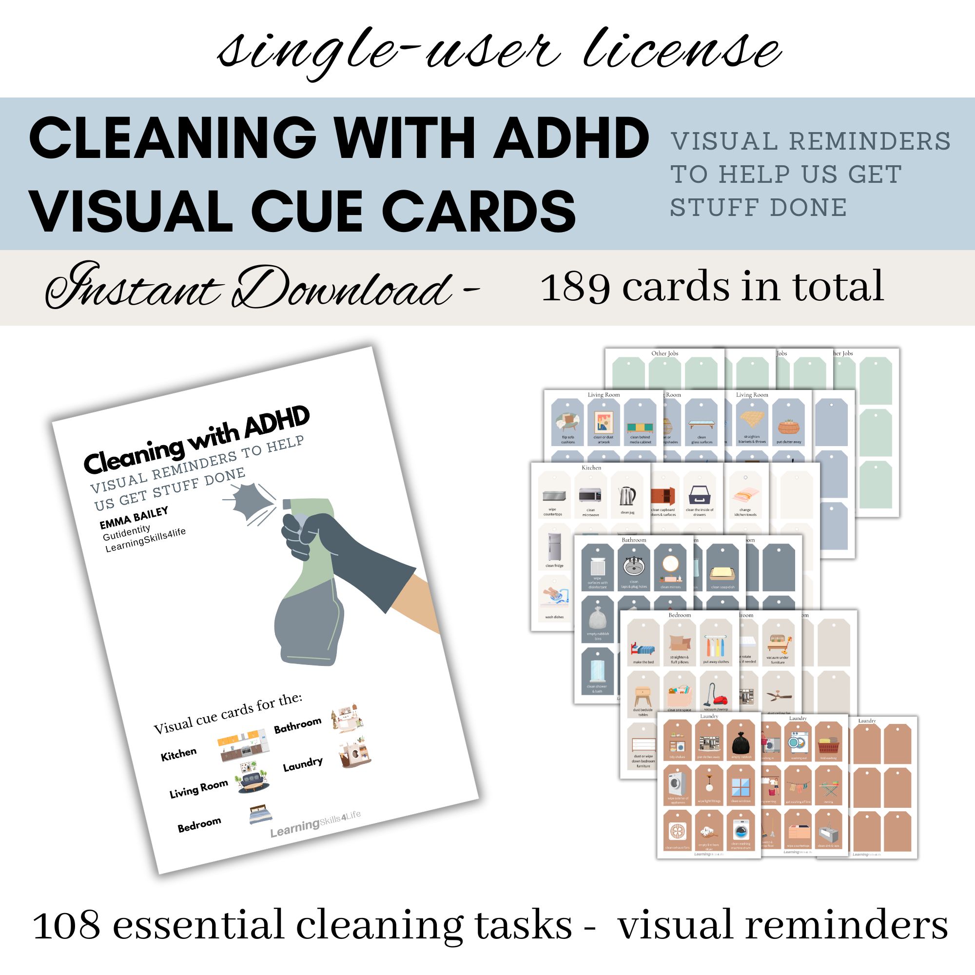 Cleaning with ADHD Visual Cue Cards by Gutidentity / Learning Skills 4 Life